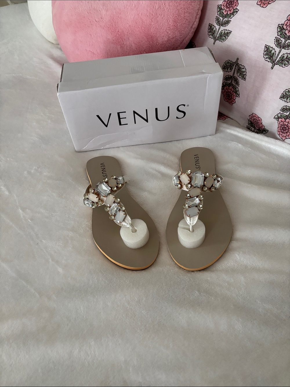 VENUS Taupe Jeweled Thong Sandals
